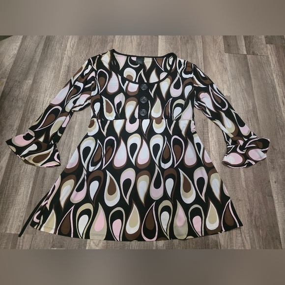Vintage Y2K MINI DRESS ABSTRACT BELL SLEEVE TUNIC 60s 70s Geometric Brown Pink - Picture 8 of 8